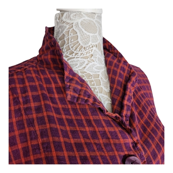 Flax Linen checkered button down top in purple and orange size L - Picture 2 of 9